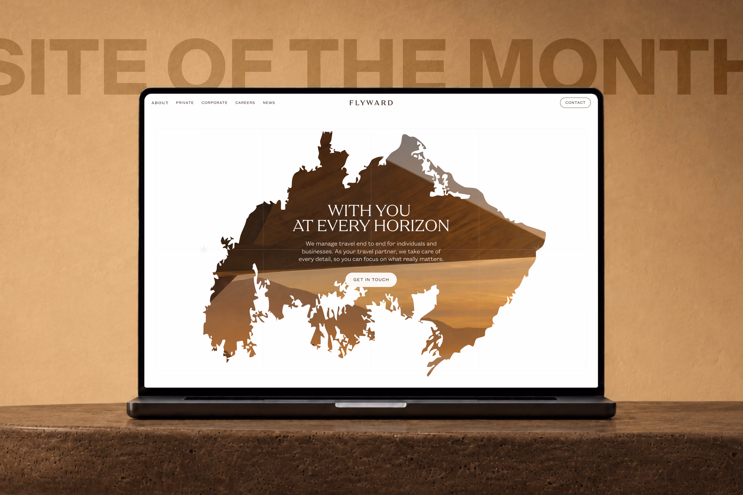 The Flyward website on a laptop, its map illustration filled with a desert photograph, under a Site of the Month headline.
