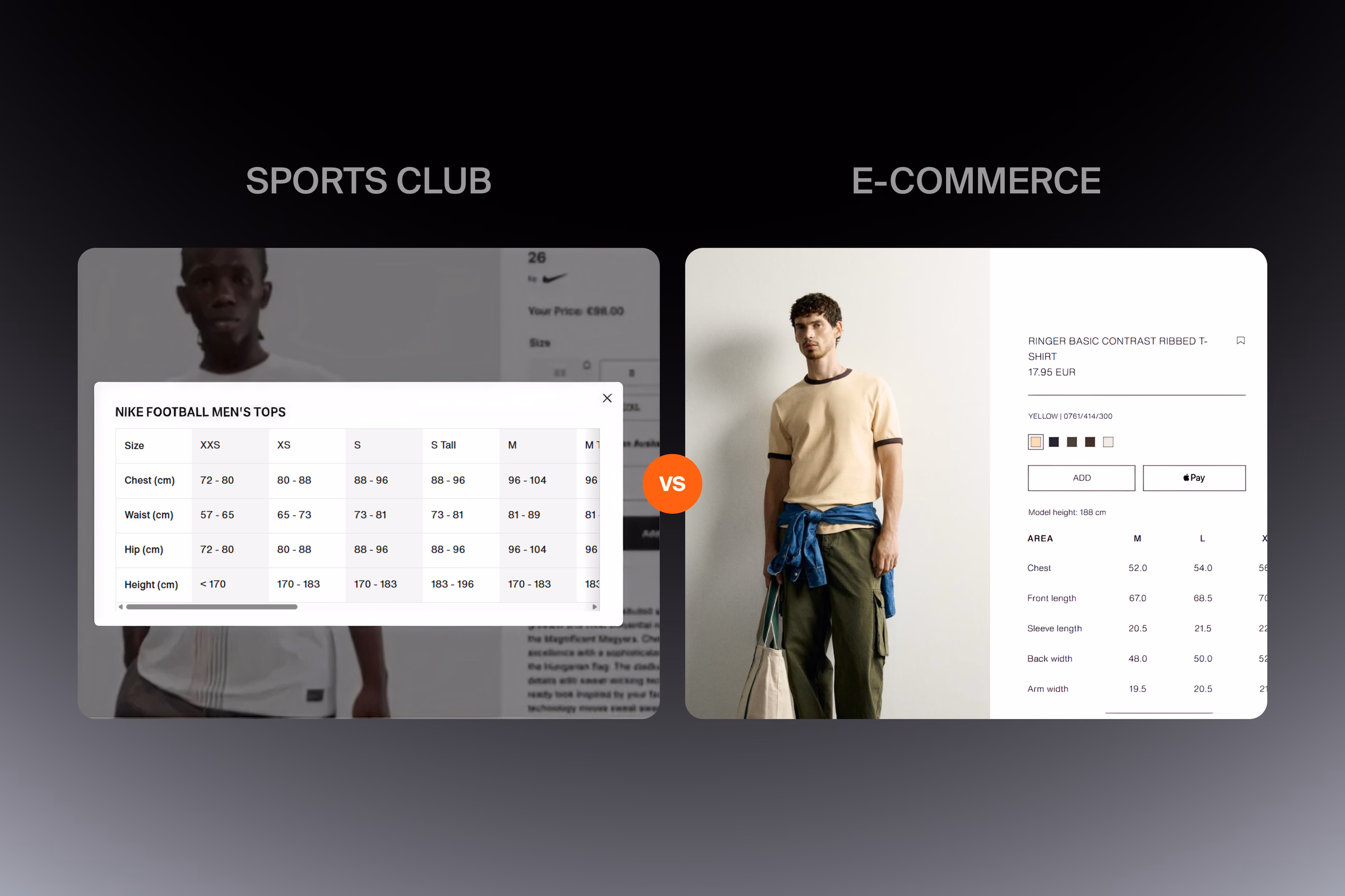 Two product pages side by side under the labels Sports club and E-commerce: a club shop buried under a size chart, and a clean retail page with sizes and an Add button in view.