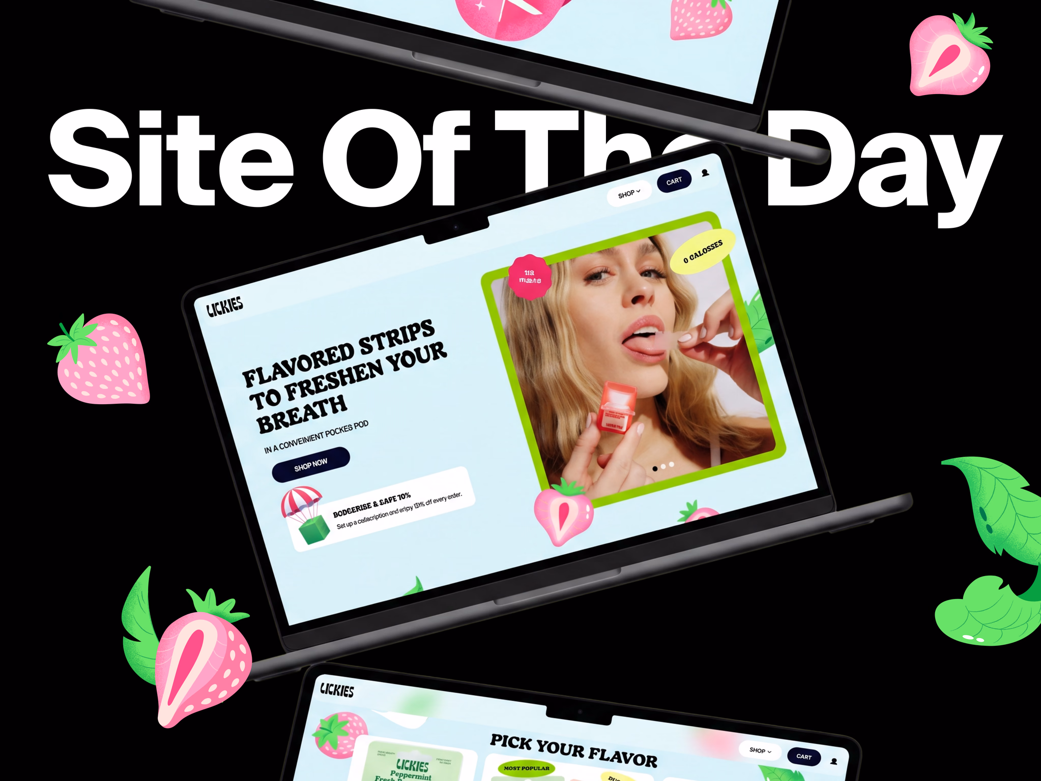 Two laptops showing the Lickies store under a Site of the Day headline, with strawberry and leaf illustrations around them.