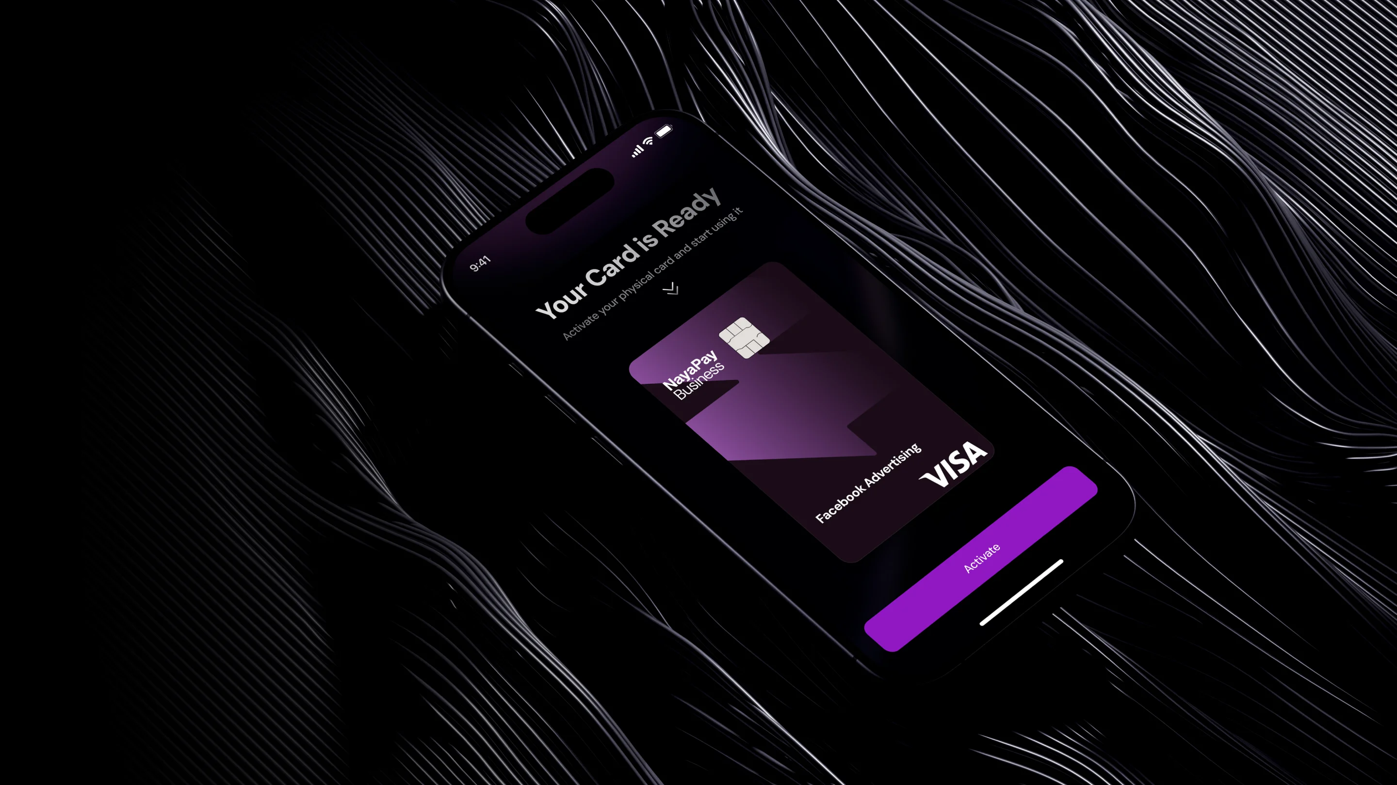 Phone showing the NayaPay Business card activation screen on black wave lines